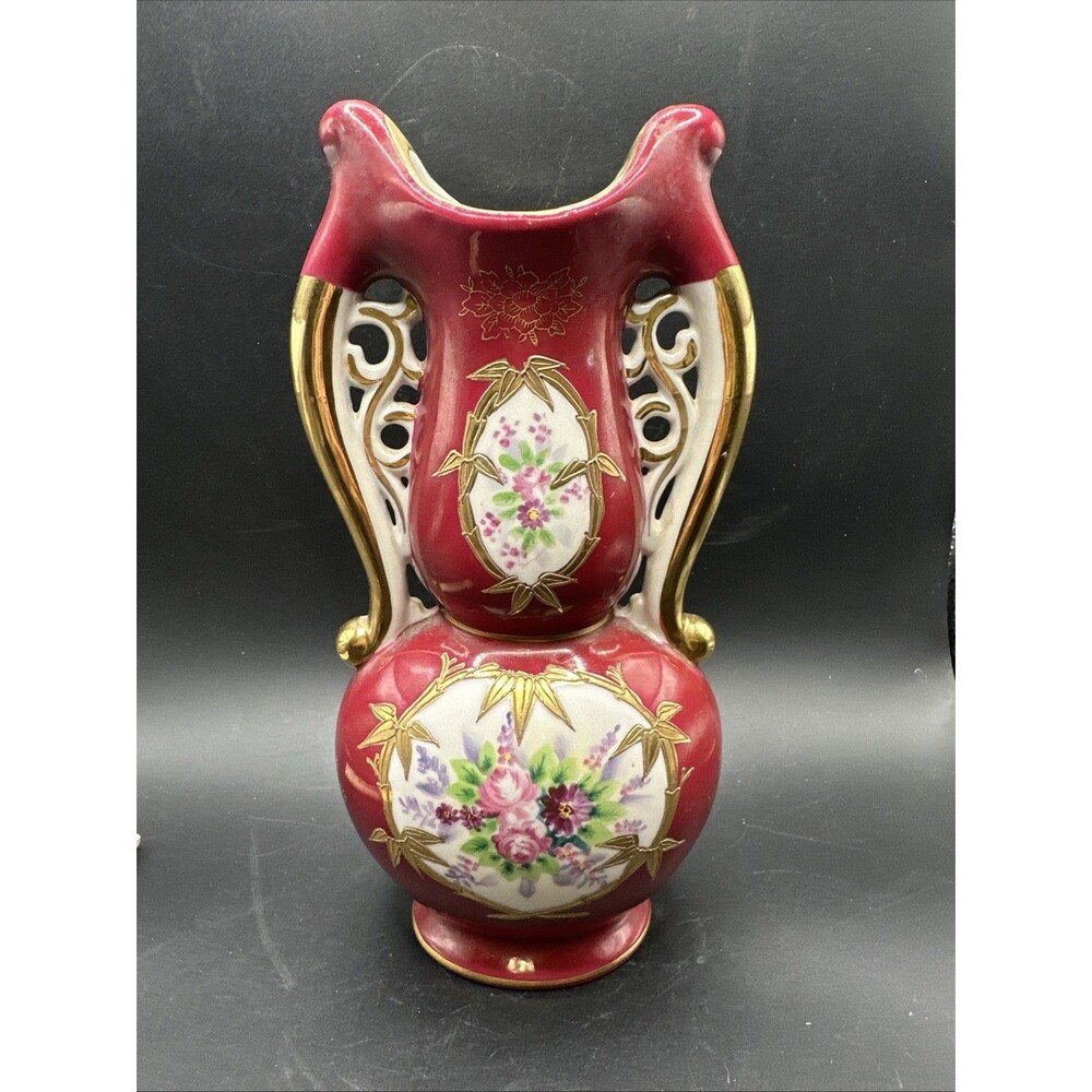 Ucagco Ceramics Hourglass Vase Red Rose Floral Gold Trim Japan Vintage